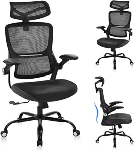 office chair ergonomic desk chair - pu leather cushion mesh high back with lumbar support computer chair, adjustable flip up arms, home office desk chair