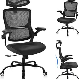 Office Chair Ergonomic Desk Chair - PU Leather Cushion Mesh High Back with Lumbar Support Computer Chair, Adjustable Flip Up Arms, Home Office Desk Chair