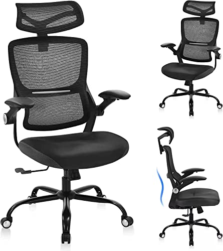 Office Chair Ergonomic Desk Chair - PU Leather Cushion Mesh High Back with Lumbar Support Computer Chair, Adjustable Flip Up Arms, Home Office Desk Chair