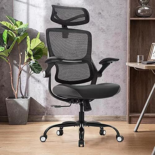 Office Chair Ergonomic Desk Chair - PU Leather Cushion Mesh High Back with Lumbar Support Computer Chair, Adjustable Flip Up Arms, Home Office Desk Chair