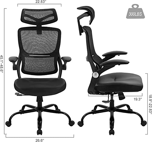 Office Chair Ergonomic Desk Chair - PU Leather Cushion Mesh High Back with Lumbar Support Computer Chair, Adjustable Flip Up Arms, Home Office Desk Chair