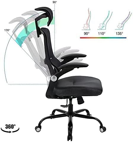 Office Chair Ergonomic Desk Chair - PU Leather Cushion Mesh High Back with Lumbar Support Computer Chair, Adjustable Flip Up Arms, Home Office Desk Chair