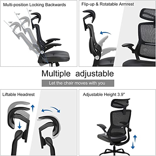 Office Chair Ergonomic Desk Chair - PU Leather Cushion Mesh High Back with Lumbar Support Computer Chair, Adjustable Flip Up Arms, Home Office Desk Chair