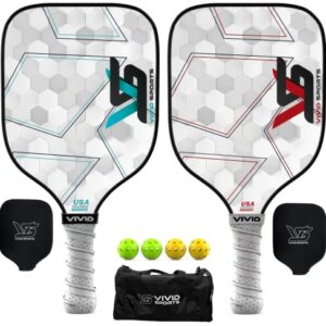 Vivid Sports Graphite Pickleball Paddle Set of 2, Polymer Honeycomb Core, Duffle Bag with 2 Indoor 2 Outdoor Pickle Balls, 2 Neoprene Paddle Covers, USAPA Wide Body Pickleball Raquette (White)