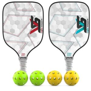 Vivid Sports Graphite Pickleball Paddle Set of 2, Polymer Honeycomb Core, Duffle Bag with 2 Indoor 2 Outdoor Pickle Balls, 2 Neoprene Paddle Covers, USAPA Wide Body Pickleball Raquette (White)