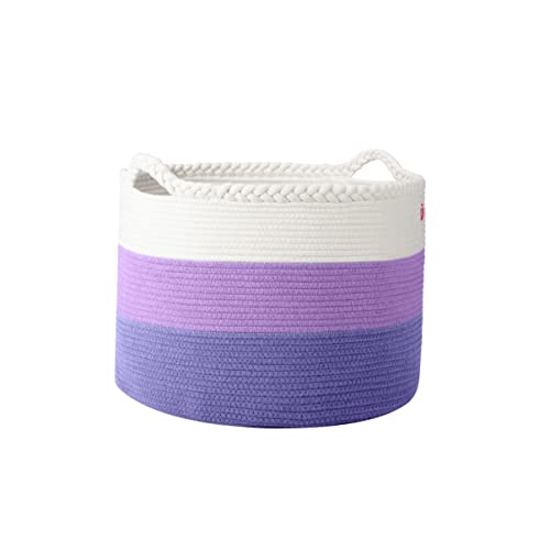 MeloMin Medium (80L) 100% Cotton Rope Woven Laundry Basket (6 Colors) - 21” x14” - Home Storage Hamper Bin for Blankets, Comforters, Towels, and Toys (Purple)