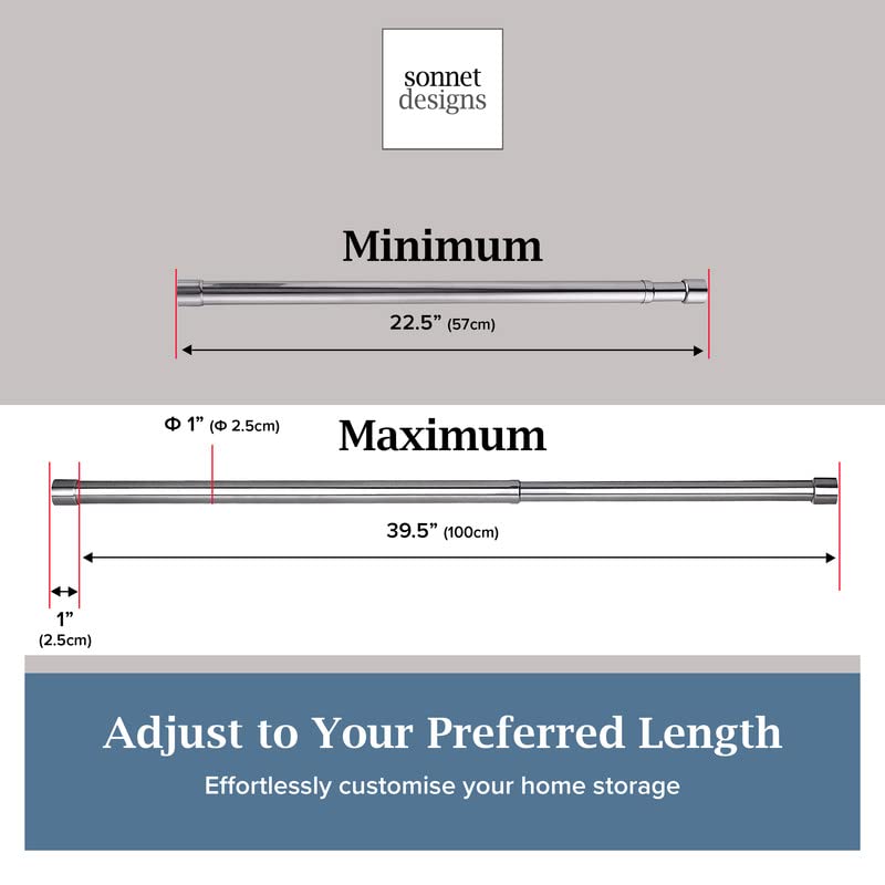 Sonnet Designs Adjustable Closet Rod - Closet Rods for Hanging Clothes, Wardrobe, Shower Pole, Kitchen, Windows, Rustproof Stainless Steel - 22.5 to 39.5” Closet Hanging Rod