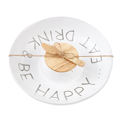 Mud Pie Eat, Drink and Be Happy Chip & Dip Set, 12 1/2" dia, White