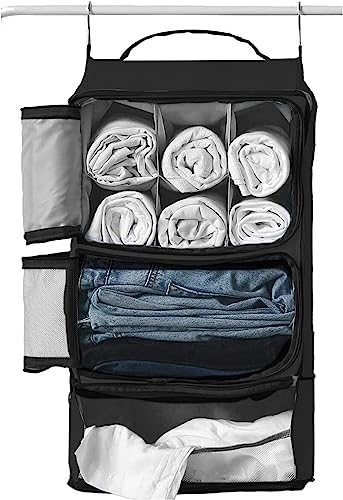 Hanging Luggage Organizer - 3 Shelf Artos Portable Carry on Closet for Suitcase - Collapsible Hanging Packing Cubes Travel, Camper - Picnic & Travel Essential (Black)