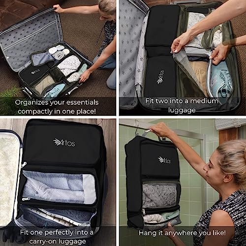 Hanging Luggage Organizer - 3 Shelf Artos Portable Carry on Closet for Suitcase - Collapsible Hanging Packing Cubes Travel, Camper - Picnic & Travel Essential (Black)