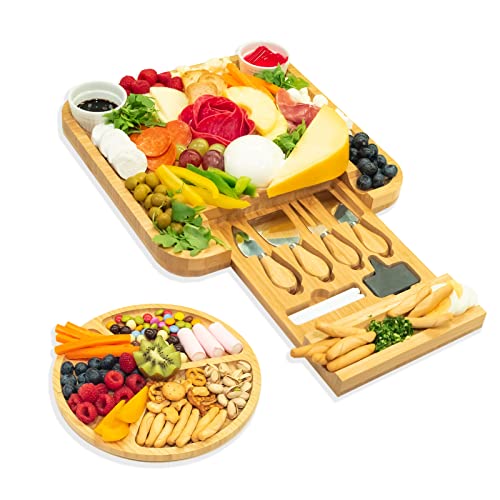 AYEEKO Bamboo Cheese Board and Knife Set, Wooden Charcuterie Board Set & Cheese Tray, House Warming Cheese Cutting Board Unusual Gift for Holiday, Birthday, Bridal Shower, Anniversary & Wedding Couple