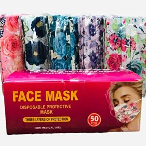 horsemen Disposable Safety Mask 3 Layer Protection Face for Adults 50 pcs (Flower Assorted Print), Flower Assorted Print, Multi Color (Designs and Colors May Vary), 50 Count (Pack of 1)