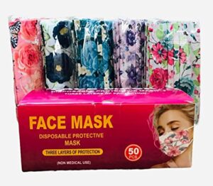 horsemen disposable safety mask 3 layer protection face for adults 50 pcs (flower assorted print), flower assorted print, multi color (designs and colors may vary), 50 count (pack of 1)