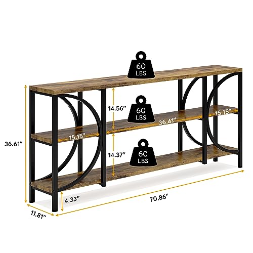 Tribesigns 70.9 Inch Extra Long Sofa Table, 3 Tier Narrow Console Table with Storage Shelves, Industrial Entryway Table Behind Sofa Couch for Living Room, Hallway, Foyer, Rustic Brown