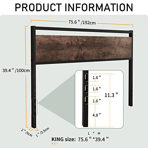 TXIYEAN Headboard Only Sturdy Wood Headboard with Metal Slat Rustic Headboard Easy Assembly, Twin, Twin XL/Queen/King (King)