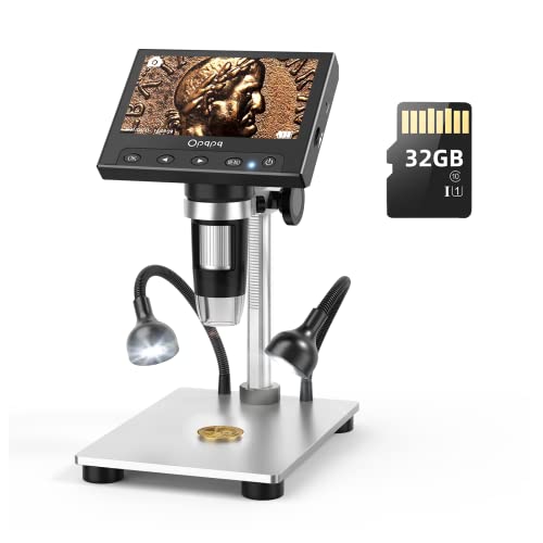 Coin Microscope 1000X - 4.3 Inch LCD Digital Microscope with 32GB Card, Opqpq USB Coin Microscope for Error Coins with 12MP Camera, LED Fill Lights, Metal Stand, PC View, Windows Compatible