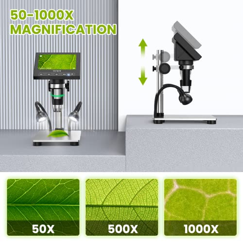 Coin Microscope 1000X - 4.3 Inch LCD Digital Microscope with 32GB Card, Opqpq USB Coin Microscope for Error Coins with 12MP Camera, LED Fill Lights, Metal Stand, PC View, Windows Compatible