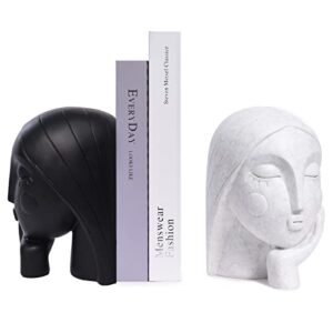 saysmile decorative book ends for heavy books, unique women face bookends for shelves with non-slip base modern resin book holders for home office decor, great gifts for book lovers(black&white)