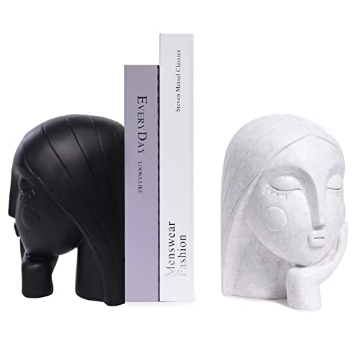 Saysmile Decorative Book Ends for Heavy Books, Unique Women Face Bookends for Shelves with Non-Slip Base Modern Resin Book Holders for Home Office Decor, Great Gifts for Book Lovers(Black&White)