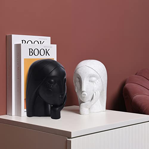 Saysmile Decorative Book Ends for Heavy Books, Unique Women Face Bookends for Shelves with Non-Slip Base Modern Resin Book Holders for Home Office Decor, Great Gifts for Book Lovers(Black&White)