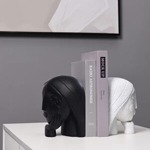 Saysmile Decorative Book Ends for Heavy Books, Unique Women Face Bookends for Shelves with Non-Slip Base Modern Resin Book Holders for Home Office Decor, Great Gifts for Book Lovers(Black&White)