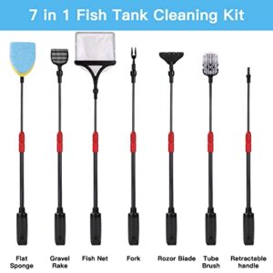 7 in 1 Fish Tank Cleaning Tools, Aquarium Cleaning Tools with Long Telescopic Handles, Algae Scraper, Scrubber Pads, Tube Cleaner, Fish net, Gravel Rake, Cleaning Cloth for Fish Starter Kits