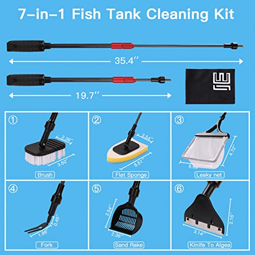 7 in 1 Fish Tank Cleaning Tools, Aquarium Cleaning Tools with Long Telescopic Handles, Algae Scraper, Scrubber Pads, Tube Cleaner, Fish net, Gravel Rake, Cleaning Cloth for Fish Starter Kits