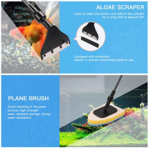 7 in 1 Fish Tank Cleaning Tools, Aquarium Cleaning Tools with Long Telescopic Handles, Algae Scraper, Scrubber Pads, Tube Cleaner, Fish net, Gravel Rake, Cleaning Cloth for Fish Starter Kits