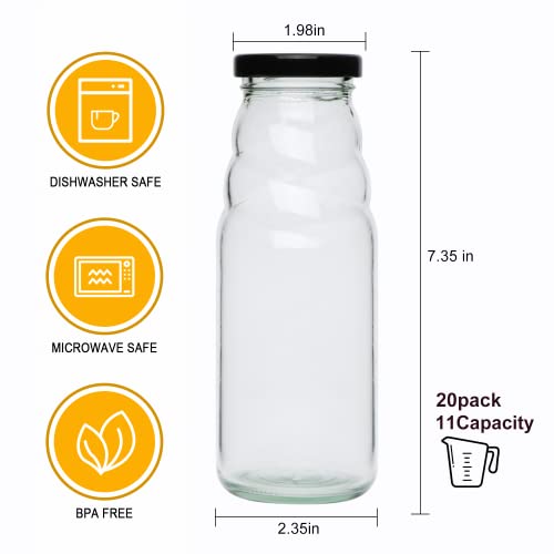 QAPPDA 11OZ Glass Milk Bottle with Lids,Set of 20 Clear Glass Bottle with Black Metal Lids,350 ML Vintage Beverage Drinking Bottle,Reusable Water Container for Kombucha,Juice,Party