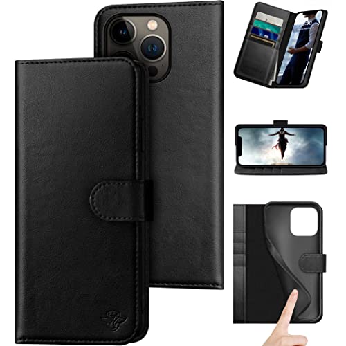 DuckSky for iPhone 14 Pro Max 6.7" Genuine Leather Wallet case【RFID Blocking】【4 Credit Card Holder】【Real Leather】 Flip Folio Book Protective Cover Women Men for Apple 14 ProMax 5G Phone case Black