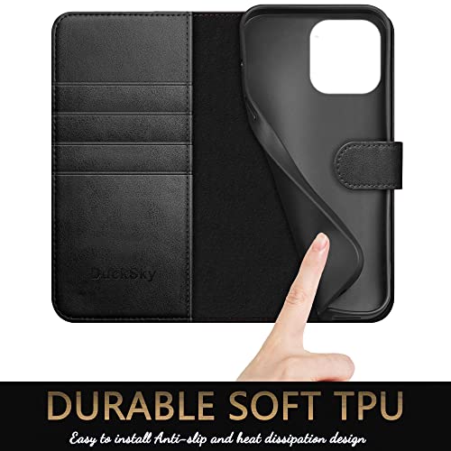 DuckSky for iPhone 14 Pro Max 6.7" Genuine Leather Wallet case【RFID Blocking】【4 Credit Card Holder】【Real Leather】 Flip Folio Book Protective Cover Women Men for Apple 14 ProMax 5G Phone case Black