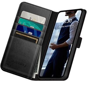 DuckSky for iPhone 14 Pro Max 6.7" Genuine Leather Wallet case【RFID Blocking】【4 Credit Card Holder】【Real Leather】 Flip Folio Book Protective Cover Women Men for Apple 14 ProMax 5G Phone case Black