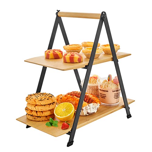 Charmlife Tiered Tray 2 Tier Serving Tray Bamboo Wedding Tiered Serving Spice Rack Organizer Display Stand Charcuterie Board Foldable Ladder Serving Trays for Party,Food,Picnic,Home Decor,Bathroom