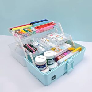 3 Layers Plastic Portable Storage Box, Multipurpose Organizer and Storage Case for Art Craft and Cosmetic, Portable Handled Storage Box for Home, School, Office, First Aids (Blue)