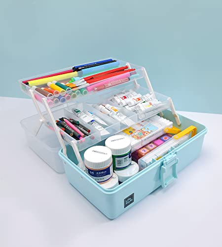 3 Layers Plastic Portable Storage Box, Multipurpose Organizer and Storage Case for Art Craft and Cosmetic, Portable Handled Storage Box for Home, School, Office, First Aids (Blue)