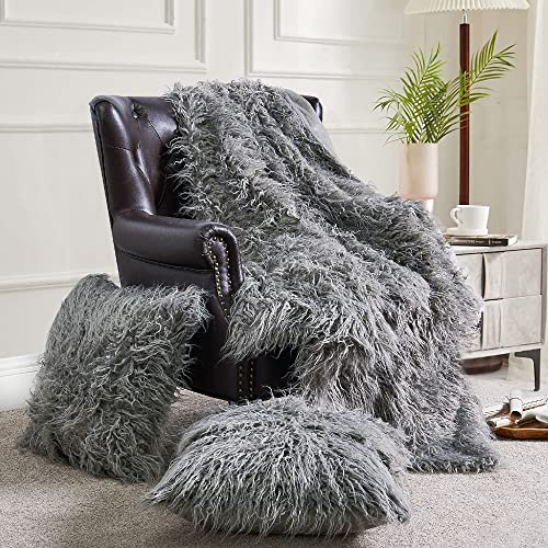 BYTIDE Mongolian Long Hair Faux Fur 50" x 60" Plush Throw Blankets with Two 20" x 20" Pillow Covers (NO Inserts) 3 Piece Set, Soft Luxury Furry Shaggy Throw with Micromink Back for Couch Bed, Gray