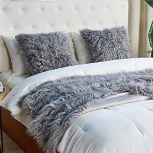 BYTIDE Mongolian Long Hair Faux Fur 50" x 60" Plush Throw Blankets with Two 20" x 20" Pillow Covers (NO Inserts) 3 Piece Set, Soft Luxury Furry Shaggy Throw with Micromink Back for Couch Bed, Gray