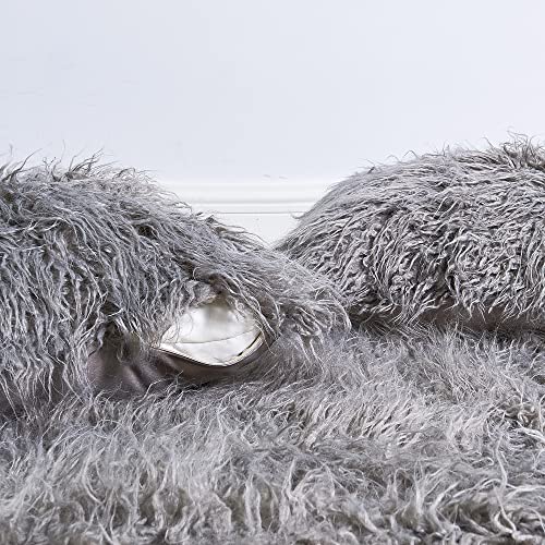 BYTIDE Mongolian Long Hair Faux Fur 50" x 60" Plush Throw Blankets with Two 20" x 20" Pillow Covers (NO Inserts) 3 Piece Set, Soft Luxury Furry Shaggy Throw with Micromink Back for Couch Bed, Gray