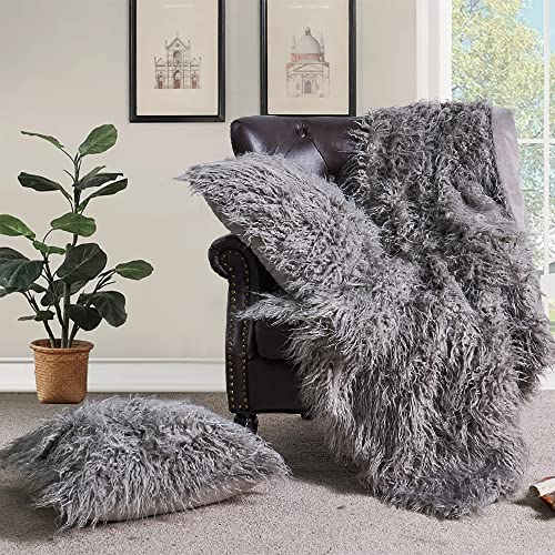 BYTIDE Mongolian Long Hair Faux Fur 50" x 60" Plush Throw Blankets with Two 20" x 20" Pillow Covers (NO Inserts) 3 Piece Set, Soft Luxury Furry Shaggy Throw with Micromink Back for Couch Bed, Gray