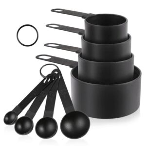 nilehome measuring cups and spoons set, plastic measuring spoons 8 piece includes 4 measuring cup set and 4 measuring spoons set stackable stainless steel handle measure cups for cooking&baking, black