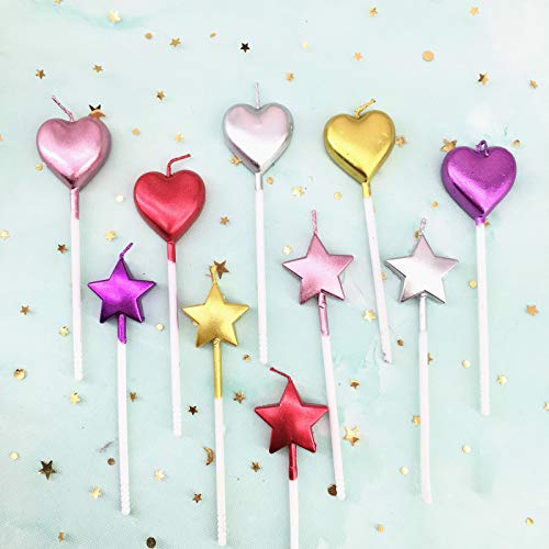 10 Cute Heart Shaped and Star Birthday Candles Cake Candle-Toppers for Party Wedding Cake Decoration Supplies Birthday Cake Candles Happy Birthday Candles Colorful Candles (Heart 5+Star5)