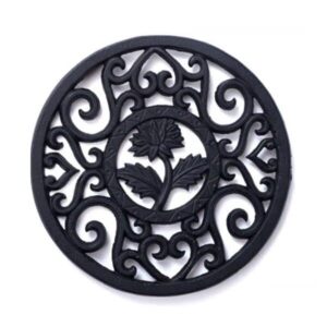 Beminh Trivet Cast Iron Decorative Trivet Mat Coaster with Rubber Pegs- Heavy Duty Hot Pot Holder Pads, Non-Slip Insulation with Vintage Pattern- for Kitchen Dining Table Tea Pot (Floral)