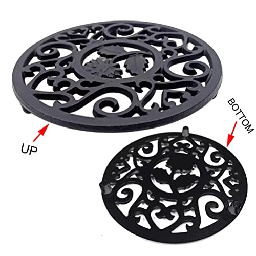 Beminh Trivet Cast Iron Decorative Trivet Mat Coaster with Rubber Pegs- Heavy Duty Hot Pot Holder Pads, Non-Slip Insulation with Vintage Pattern- for Kitchen Dining Table Tea Pot (Floral)
