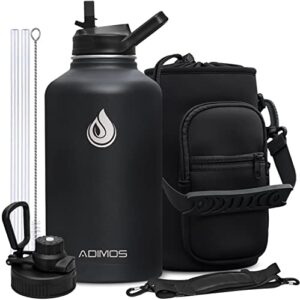adimos insulated water bottle 64oz with straw, half gallon large big metal double wall vacuum stainless steel thermos water jug, bottle holder & 2 lids, leakproof keep cold 48h hot 24h, black