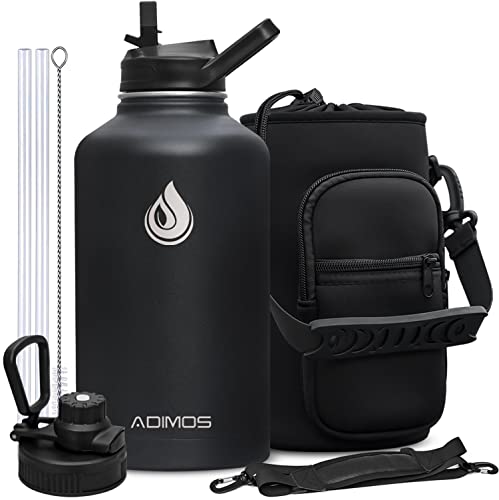 Adimos Insulated Water Bottle 64oz with Straw, Half Gallon Large Big Metal Double Wall Vacuum Stainless Steel Thermos Water Jug, Bottle Holder & 2 Lids, Leakproof Keep Cold 48H Hot 24H, Black