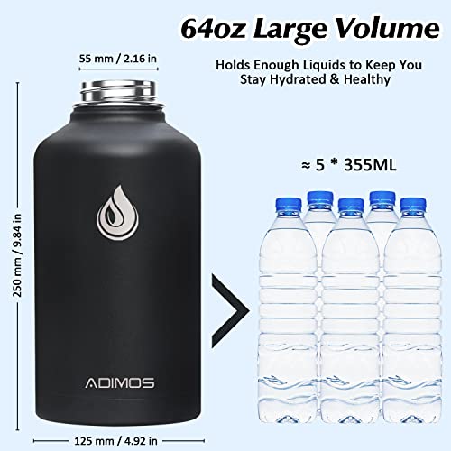 Adimos Insulated Water Bottle 64oz with Straw, Half Gallon Large Big Metal Double Wall Vacuum Stainless Steel Thermos Water Jug, Bottle Holder & 2 Lids, Leakproof Keep Cold 48H Hot 24H, Black