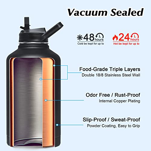 Adimos Insulated Water Bottle 64oz with Straw, Half Gallon Large Big Metal Double Wall Vacuum Stainless Steel Thermos Water Jug, Bottle Holder & 2 Lids, Leakproof Keep Cold 48H Hot 24H, Black