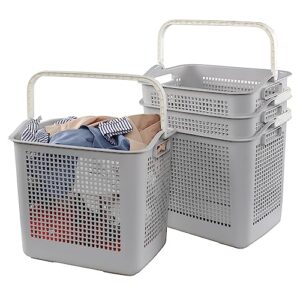saedy 4 pack large dirty clothes basket, 35 l plastic laundry hamper with handle, gray