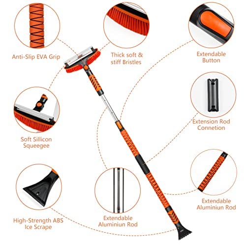 HOHUIGO 58.5" Ice Scraper and Extendable Snow Brush for Car Windshield, Snow Scraper Brush Detachable for Car Auto SUV Truck Vehicle 180° Pivoting, Snow Ice Remover Snow Broom Kit with Foam Grip