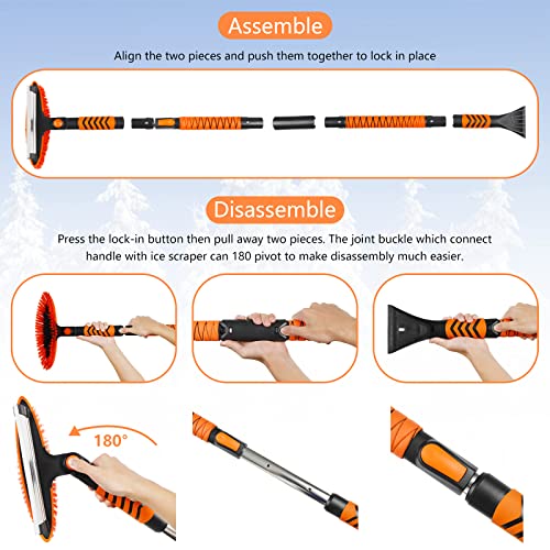 HOHUIGO 58.5" Ice Scraper and Extendable Snow Brush for Car Windshield, Snow Scraper Brush Detachable for Car Auto SUV Truck Vehicle 180° Pivoting, Snow Ice Remover Snow Broom Kit with Foam Grip